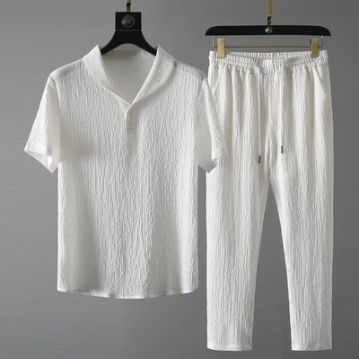 Pleated casual sports suit for men, light and breathable, fashionable lapel short-sleeved trousers, two-piece suit