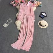 Causal Loose Two Piece Sets Autumn Long Sleeve Blouse+Wide Leg Pants Women Elegant Pleated Beige 2 Piece Pant Sets