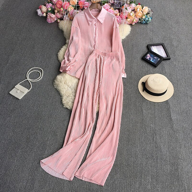Causal Loose Two Piece Sets Autumn Long Sleeve Blouse+Wide Leg Pants Women Elegant Pleated Beige 2 Piece Pant Sets