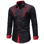 New Mens Classic Totem Embroidered Shirt, Mens Color Matching Casual Slim Fitting Long Sleeved Shirt