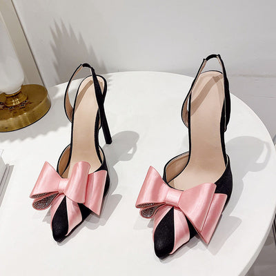 Pointed slim high heels, bow tie, rhinestone color matching, super high heels, sandals for women