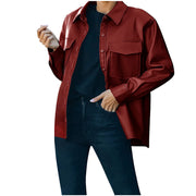 Ladies Casual Short Long Sleeve Jacket Faux PU Leather Jacket With Chest Pocket Button