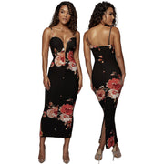 New Sexy Suspender One-Step Skirt Ladies Slim Suspender Long Skirt Deep V Flower Printed Dress