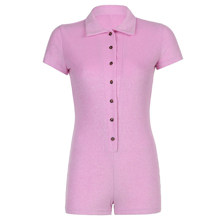 Ladies Casual Skinny Hot Girl Cute Pink Lapel Button Jumpsuit Women Summer Shorts Rompers