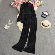 Causal Loose Two Piece Sets Autumn Long Sleeve Blouse+Wide Leg Pants Women Elegant Pleated Beige 2 Piece Pant Sets