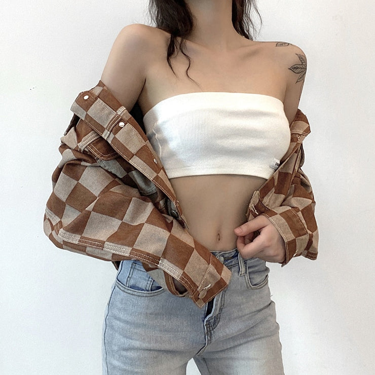 Vintage Brown Plaid Print Short Denim Jacket Women Korean Style Button Loose Jeans Coat Autumn Harajuku Outerwear 90s Iamhotty
