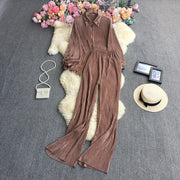 Causal Loose Two Piece Sets Autumn Long Sleeve Blouse+Wide Leg Pants Women Elegant Pleated Beige 2 Piece Pant Sets