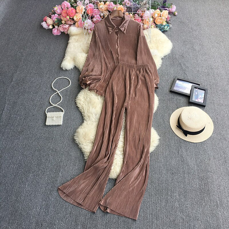 Causal Loose Two Piece Sets Autumn Long Sleeve Blouse+Wide Leg Pants Women Elegant Pleated Beige 2 Piece Pant Sets