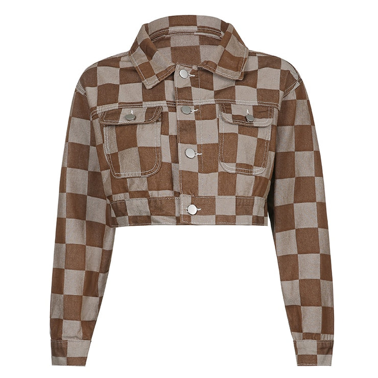 Vintage Brown Plaid Print Short Denim Jacket Women Korean Style Button Loose Jeans Coat Autumn Harajuku Outerwear 90s Iamhotty