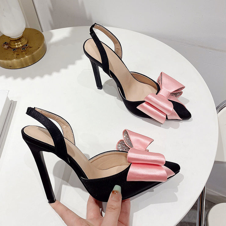 Pointed slim high heels, bow tie, rhinestone color matching, super high heels, sandals for women