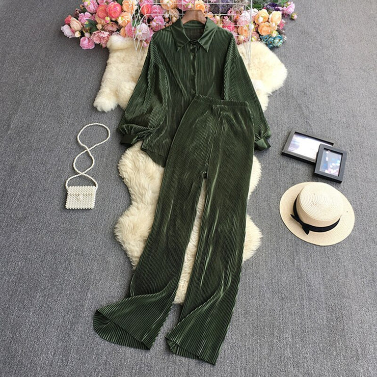 Causal Loose Two Piece Sets Autumn Long Sleeve Blouse+Wide Leg Pants Women Elegant Pleated Beige 2 Piece Pant Sets