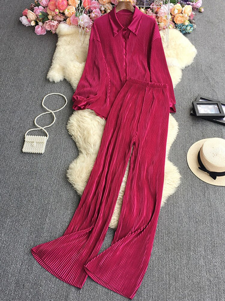 Causal Loose Two Piece Sets Autumn Long Sleeve Blouse+Wide Leg Pants Women Elegant Pleated Beige 2 Piece Pant Sets
