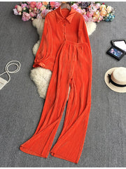 Causal Loose Two Piece Sets Autumn Long Sleeve Blouse+Wide Leg Pants Women Elegant Pleated Beige 2 Piece Pant Sets
