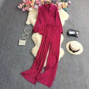 Causal Loose Two Piece Sets Autumn Long Sleeve Blouse+Wide Leg Pants Women Elegant Pleated Beige 2 Piece Pant Sets