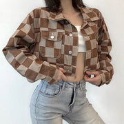 Vintage Brown Plaid Print Short Denim Jacket Women Korean Style Button Loose Jeans Coat Autumn Harajuku Outerwear 90s Iamhotty