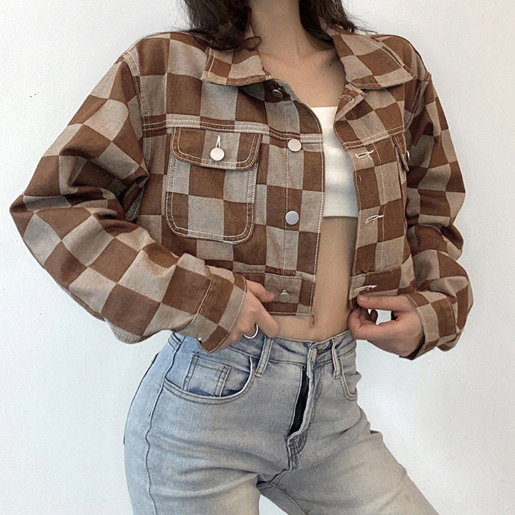 Vintage Brown Plaid Print Short Denim Jacket Women Korean Style Button Loose Jeans Coat Autumn Harajuku Outerwear 90s Iamhotty