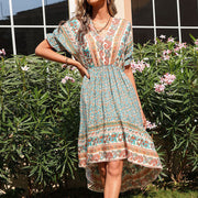 New Ladies Summer Retro Midi Dress Slim Print Irregular Vacation Dress