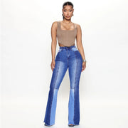 High Waist Boot Cut Jeans For Women Fashion High Stretch Two Color Stitching Denim Flared Pants Casual Female Trousers