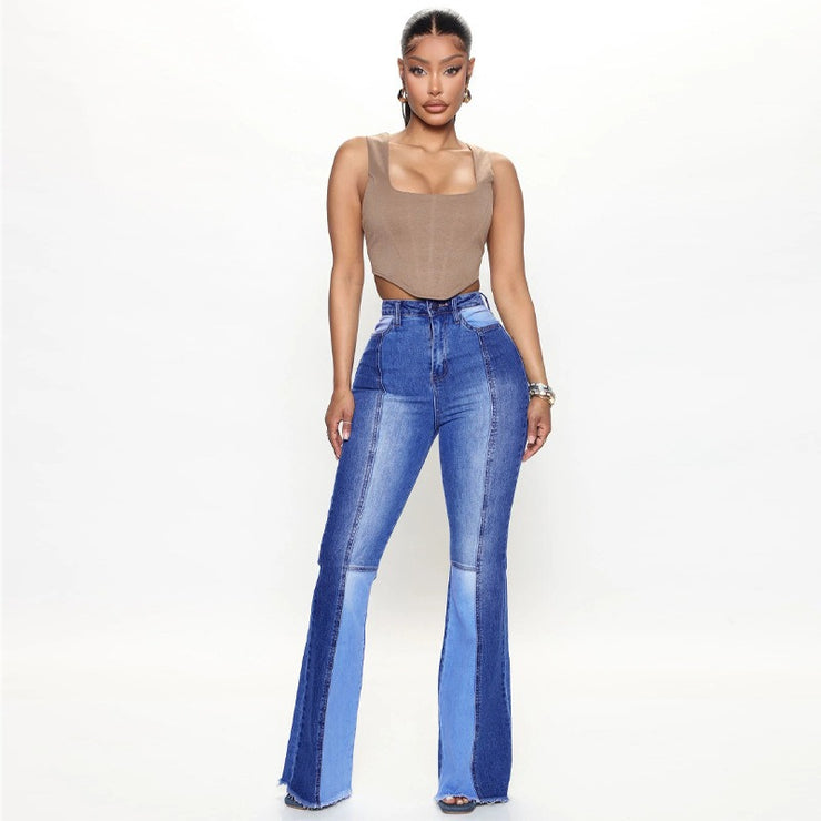 High Waist Boot Cut Jeans For Women Fashion High Stretch Two Color Stitching Denim Flared Pants Casual Female Trousers