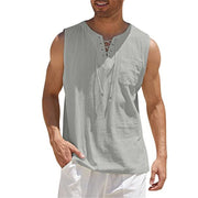 New Mens Tank Top Shirt Lace Up Fashion Solid Cotton Hemp Short Sleeve T shirt