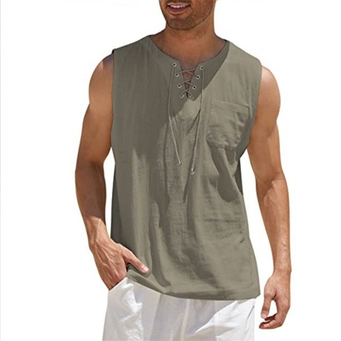 New Mens Tank Top Shirt Lace Up Fashion Solid Cotton Hemp Short Sleeve T shirt