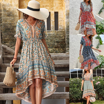 New Ladies Summer Retro Midi Dress Slim Print Irregular Vacation Dress