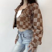 Vintage Brown Plaid Print Short Denim Jacket Women Korean Style Button Loose Jeans Coat Autumn Harajuku Outerwear 90s Iamhotty