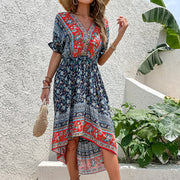 New Ladies Summer Retro Midi Dress Slim Print Irregular Vacation Dress