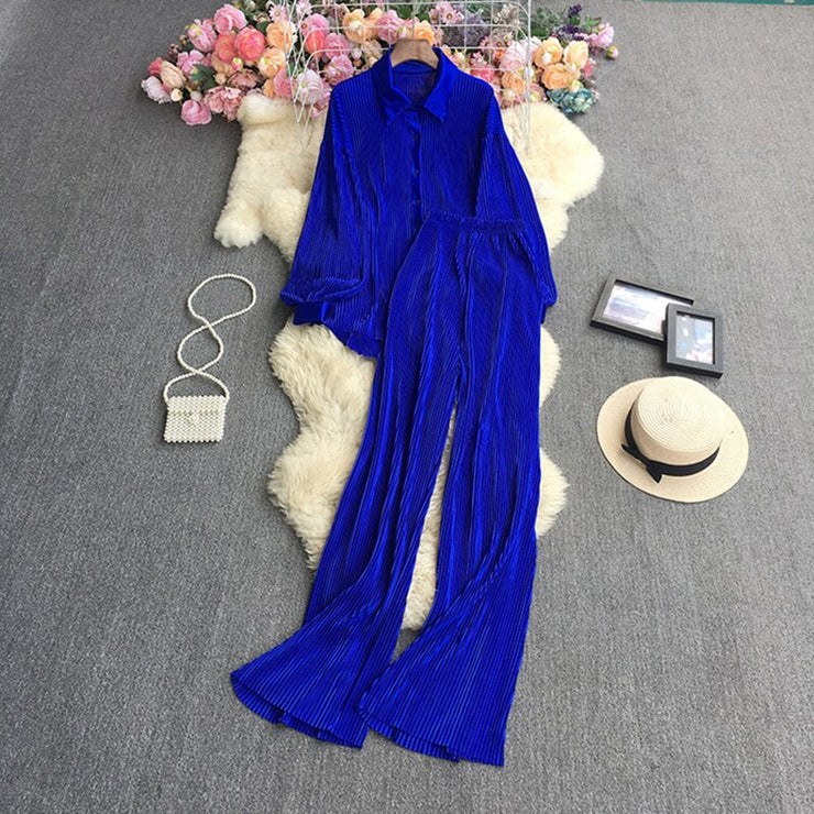 Causal Loose Two Piece Sets Autumn Long Sleeve Blouse+Wide Leg Pants Women Elegant Pleated Beige 2 Piece Pant Sets