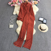 Causal Loose Two Piece Sets Autumn Long Sleeve Blouse+Wide Leg Pants Women Elegant Pleated Beige 2 Piece Pant Sets
