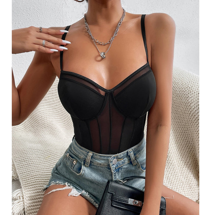 Summer New Sexy See-Through Backless Lace Fishbone Stitching Jumpsuit Bodysuit