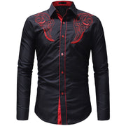 New Mens Classic Totem Embroidered Shirt, Mens Color Matching Casual Slim Fitting Long Sleeved Shirt