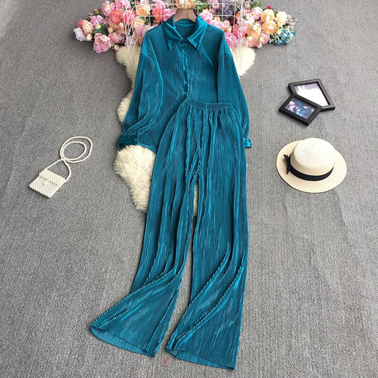 Causal Loose Two Piece Sets Autumn Long Sleeve Blouse+Wide Leg Pants Women Elegant Pleated Beige 2 Piece Pant Sets
