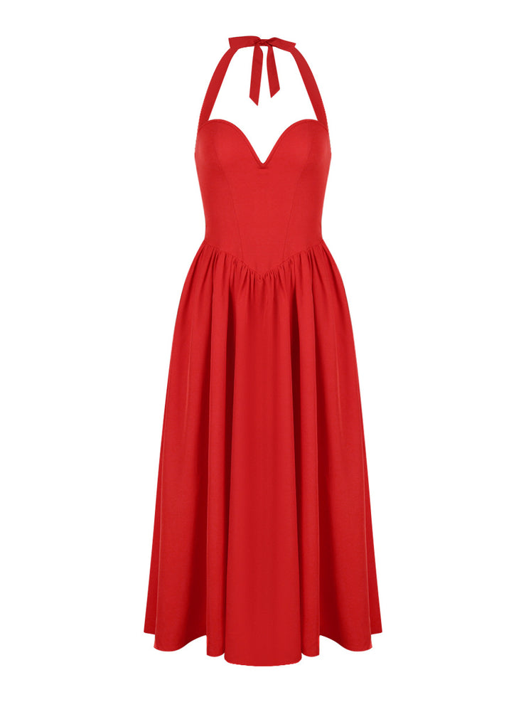European and American women's clothing in spring, high-end and sexy, deep V-neck hanging, backless, red mid length skirt, spring women's dress, women's dress