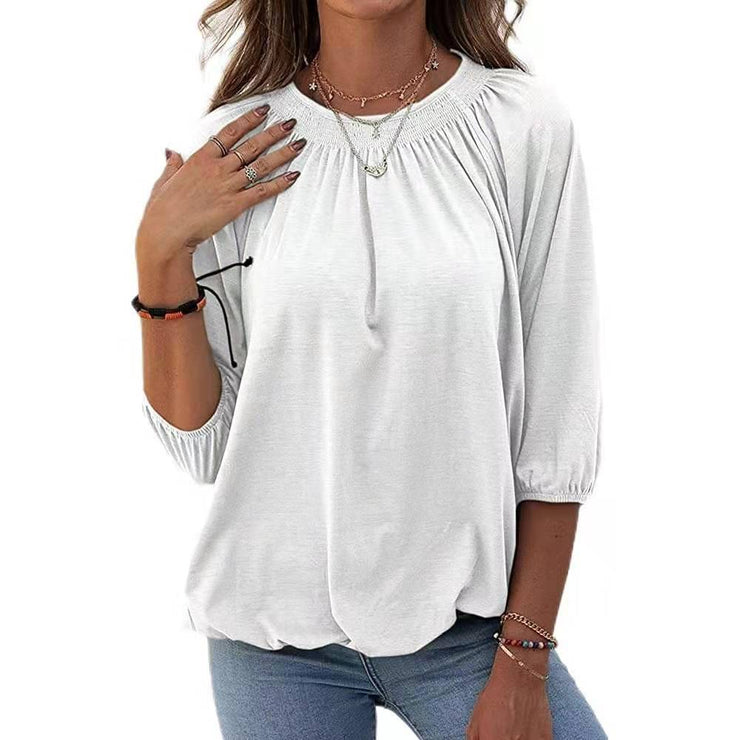 Spring New Solid Color Loose Round Neck 3 / 4 Sleeve Stretch T-Shirt Women's Wear