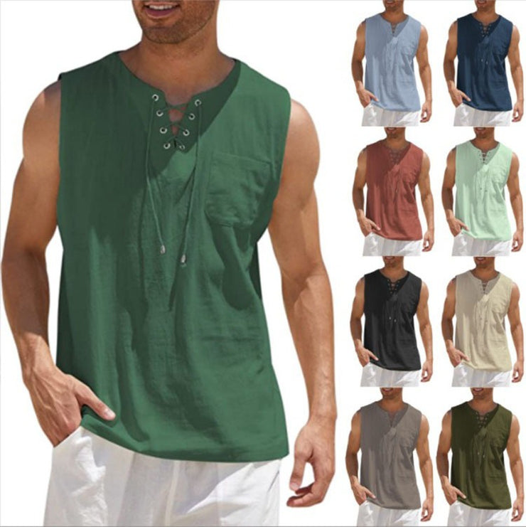 New Mens Tank Top Shirt Lace Up Fashion Solid Cotton Hemp Short Sleeve T shirt