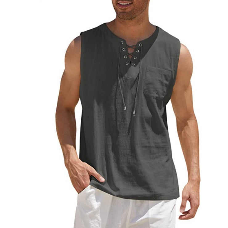 New Mens Tank Top Shirt Lace Up Fashion Solid Cotton Hemp Short Sleeve T shirt