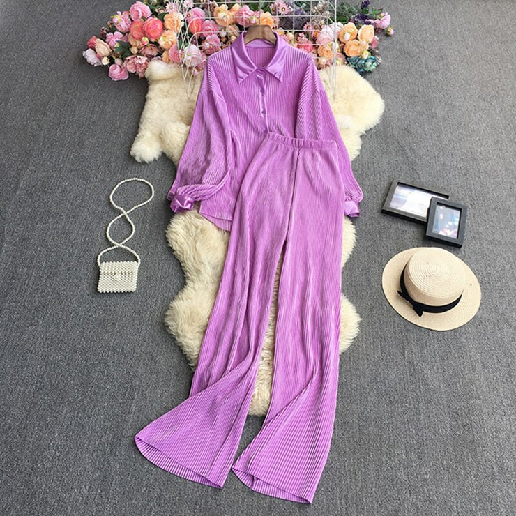 Causal Loose Two Piece Sets Autumn Long Sleeve Blouse+Wide Leg Pants Women Elegant Pleated Beige 2 Piece Pant Sets