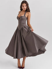 European and American women's clothing in spring, high-end and sexy, deep V-neck hanging, backless, red mid length skirt, spring women's dress, women's dress