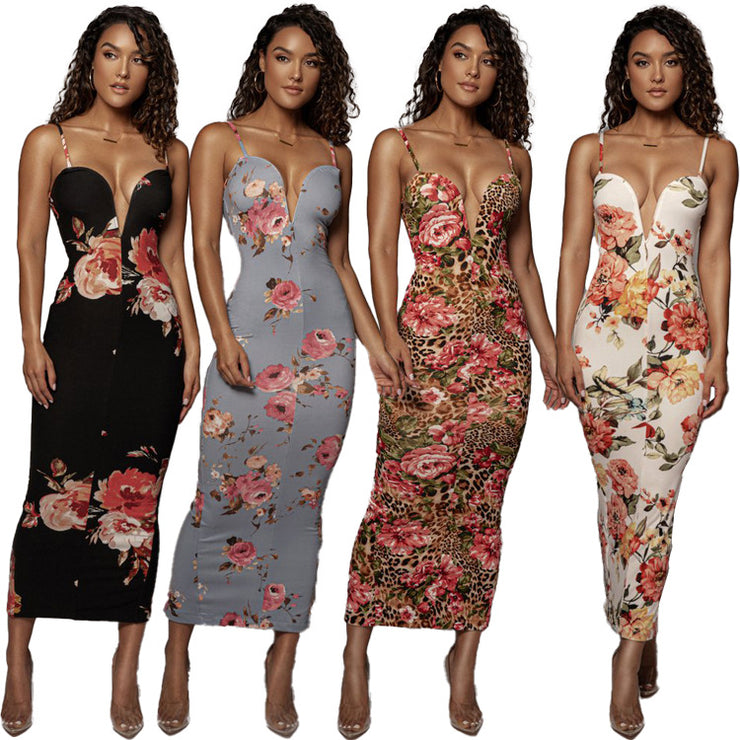 New Sexy Suspender One-Step Skirt Ladies Slim Suspender Long Skirt Deep V Flower Printed Dress