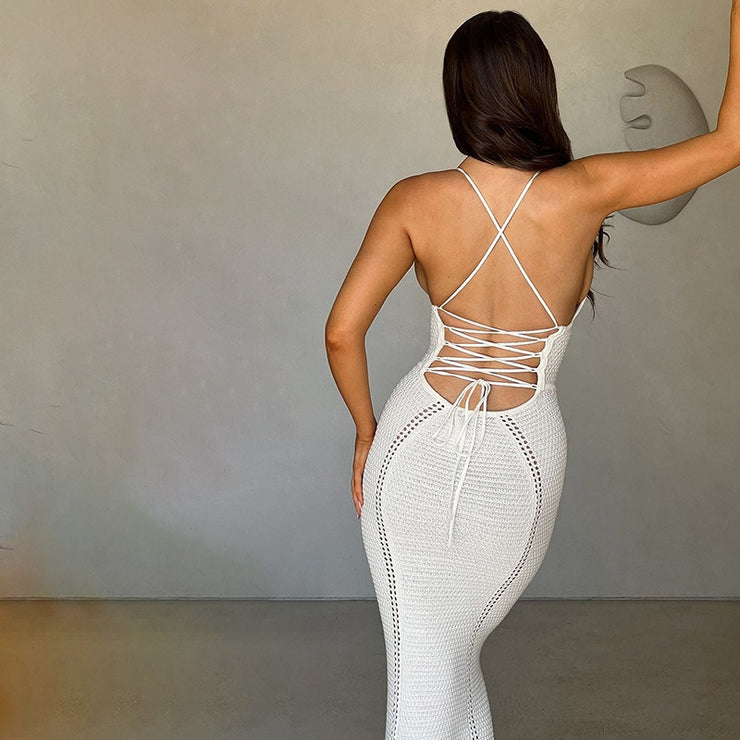 Fashionable and sexy backless strapless hollow knitted dress