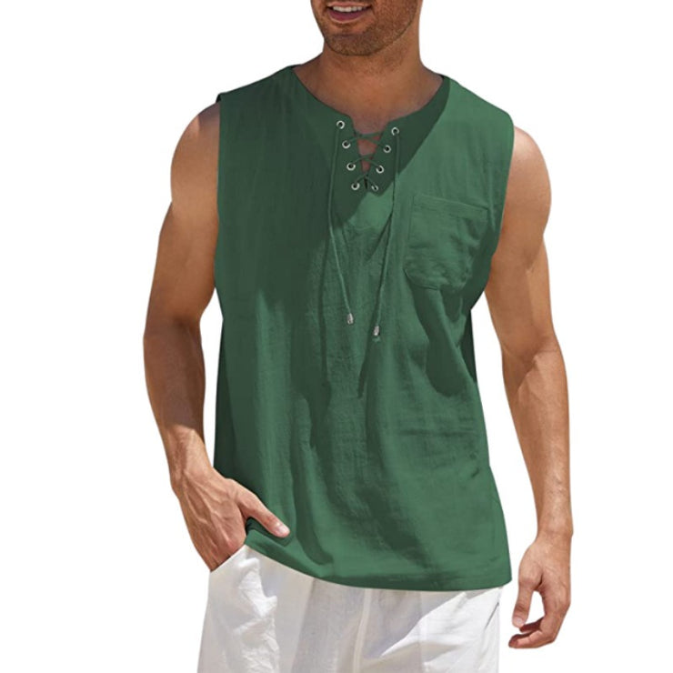 New Mens Tank Top Shirt Lace Up Fashion Solid Cotton Hemp Short Sleeve T shirt