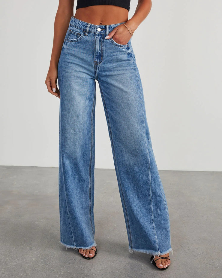 Loose wide leg side seam splicing, brushed hem denim jeans for women