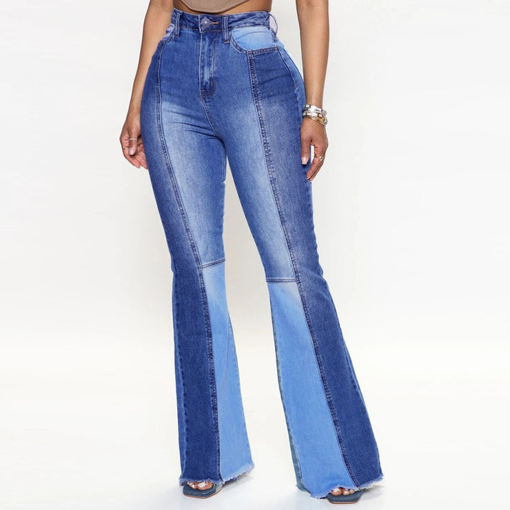 High Waist Boot Cut Jeans For Women Fashion High Stretch Two Color Stitching Denim Flared Pants Casual Female Trousers