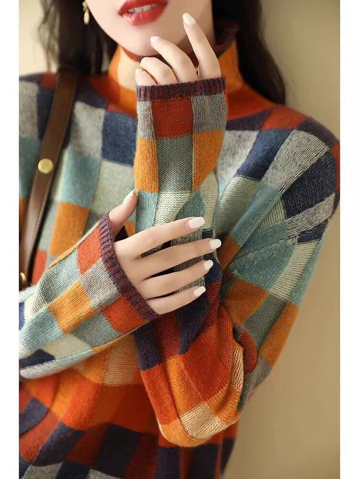 Autumn and winter high neck lazy slimming plaid sweater