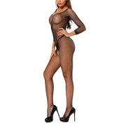 Women Diamond Fishnet Mesh Sexy Jumpsuits Lingerie Long Sleeve See Through Open Crotch Body Tights Exotic Bodysuits Underwear