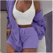 Women's clothing, European and American winter plush home wear, casual 3Pcs  pajamas long sleeved shorts sports set