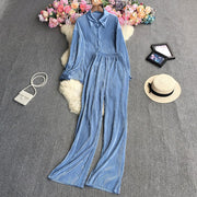 Causal Loose Two Piece Sets Autumn Long Sleeve Blouse+Wide Leg Pants Women Elegant Pleated Beige 2 Piece Pant Sets