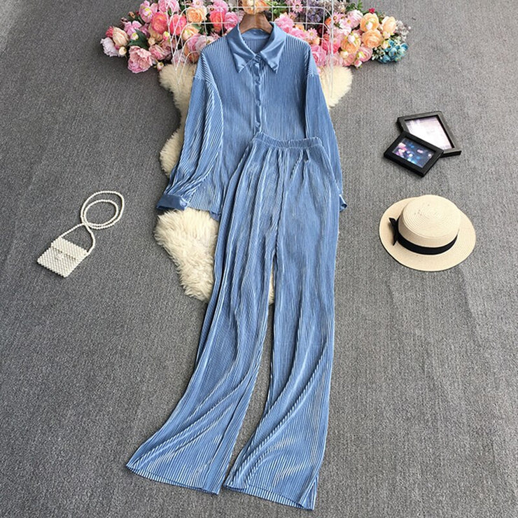 Causal Loose Two Piece Sets Autumn Long Sleeve Blouse+Wide Leg Pants Women Elegant Pleated Beige 2 Piece Pant Sets