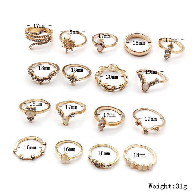 New Bohemian Style Ring 17 Pieces Set Of Diamond Set Ring Jewelry